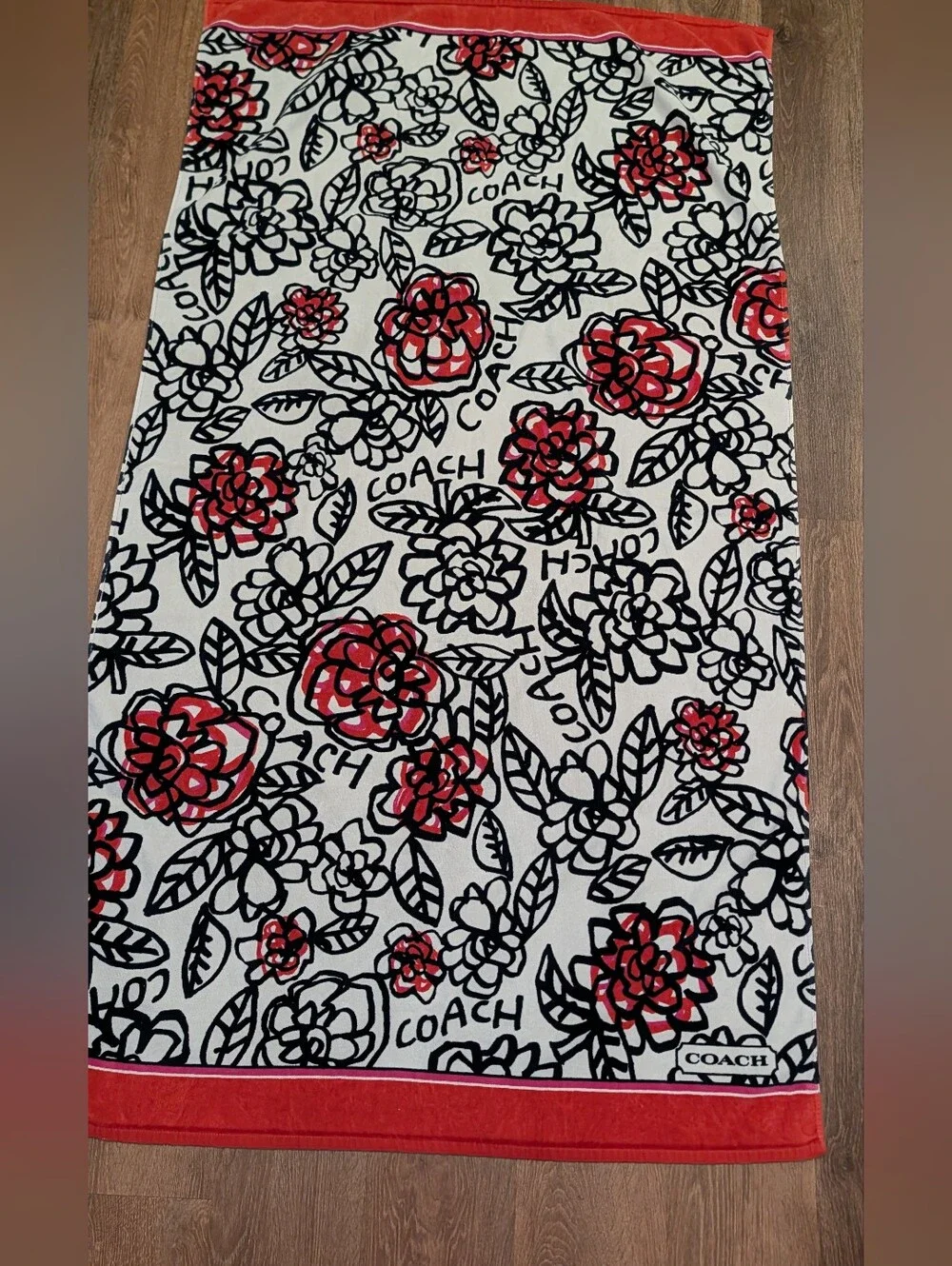 Coach Poppy Floral Graffiti Beach Towel Black Red White 38